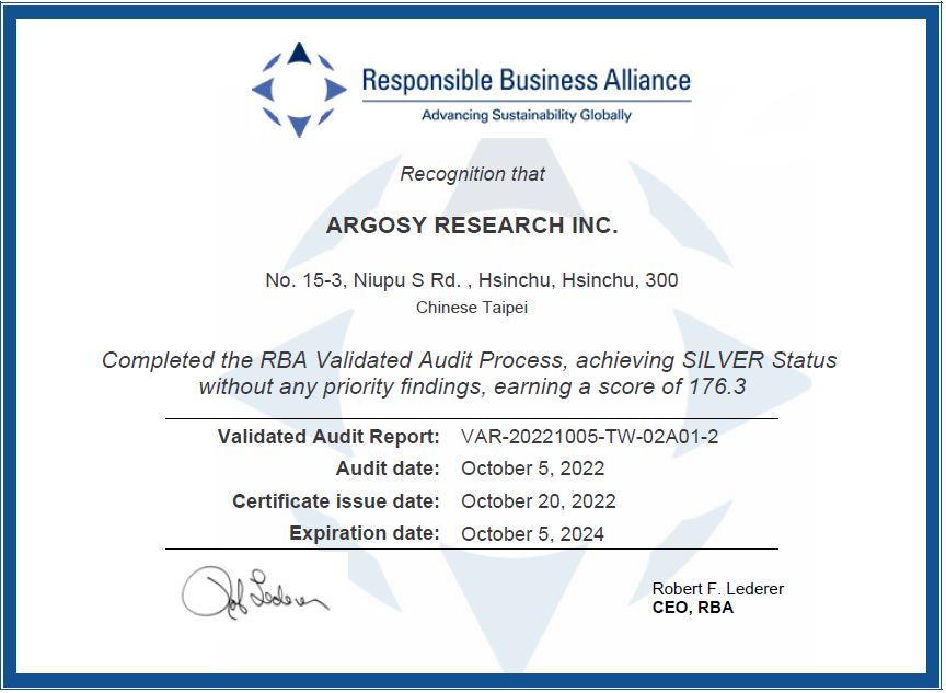 RBA 7.0 SILVER Status-Argosy Hsinchu Factory